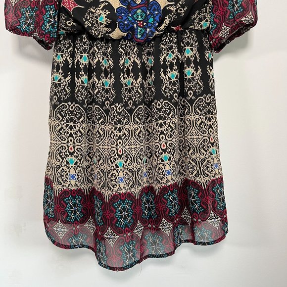 BeBop Black Print Sheer Mini Dress Size Medium Boho‎ Festival Dress - Picture 5 of 15